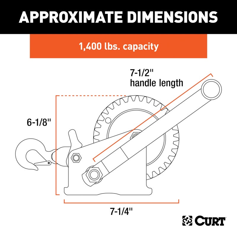 CURT 29435 Manual Hand Crank Boat Trailer Winch, 1,400 lbs Capacity, 7-1/2" Handle, 4.2:1 Gear Ratio, 20' Strap - Image 2
